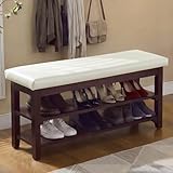 CACFTII 40' Shoe Storage Bench, Entryway Benches with Storage, Upholstered Storage Bench with Leather Cushion, Solid Wooden 2 Tier Rack Shoe Organizer for Entry Way, Bedroom, Living Room, Beige