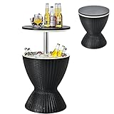Giantex Outdoor Ice Cooler Side Table with Adjustable Height, 8 Gal Beverage Bucket with Drain Plug, Rattan Patio Bar Table for Poolside, Deck, BBQ & Backyard Parties (Black)