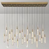 ZHZIJG 25-Lights Rectangle Gold Raindrop Chandelier with Glass, Luxury Farmhouse Large Linear Chandeliers for Dining Room Over Table, Brass Pendant Ceiling Light Fixture for Kitchen Island