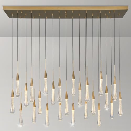 ZHZIJG 25-Lights Rectangle Gold Raindrop Chandelier with Glass, Luxury Farmhouse Large Linear Chandeliers for Dining Room Over Table, Brass Pendant Ceiling Light Fixture for Kitchen Island