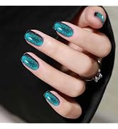 Blue Press on Nails Glitter Fake Nails Short Square False Nails Press ons with Designs Sparkly Na...