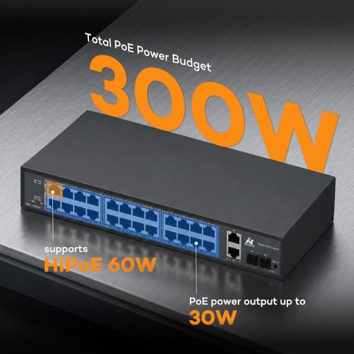 ONWOTE Switch PoE Gigabit 24 Puertos 300W, 10/100/1000Mbps Autoadaptativo, 24 Puertos PoE 1Gbps, 2 Puertos RJ45, 2 Puertos SFP, Switch Ethernet No Gestionado para Sistema de Cámaras de Seguridad PoE NVR miniatura 3