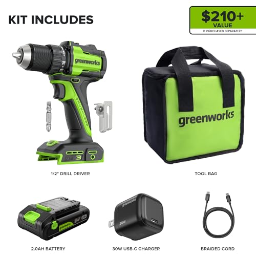 Image of Greenworks 24V 1 /2 inch Brushless Cordless Drill (400 In-lbs.), 2.0Ah (12,000mAh Power Bank) USB-C Batteries, 3.3 FT Braided Cable, 30W Charger + 90 PCS Black Oxide Drilling and Driving Bit Set