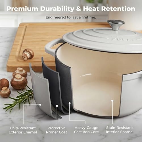 Image of Zulay Kitchen 7.7 Quart Enameled Cast Iron Dutch Oven Pot with Lid - Premium Durability & Oven Safe up to 500F - Heavy Duty Cookware Perfect for Bread Baking, Stews, Braising & Roasting - White
