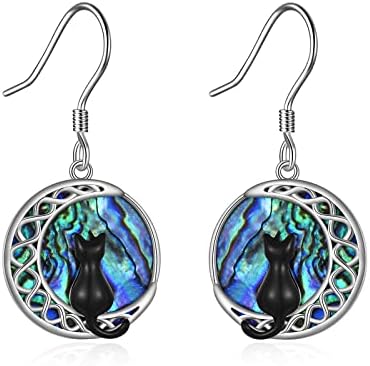 YFN Cat Earring for Women Sterling Silver Abalone Cat on the Celtic Moon Dangle Earrings Gifts for Girls Daughter