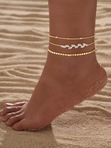 Image of Gold Ankle Bracelets for Women,14k Gold /Silver Plated Waterproof Layered lightweight Cuban Link Figaro Chain Heart anklet Bracelets Set Gold Anklets for women Trendy Jewelry Gift