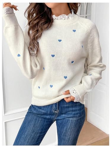 GORGLITTER Women's Heart Lace Cute Fall Pullover Sweater 2025 Long Sleeve Trendy Knitwear Valentine Sweater Jumper3