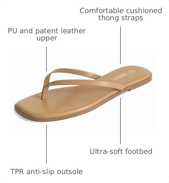 Image of Rihero Flip Flops for Women Comfortable Square Toe Beach Sandals Slip On Leather Thong Flat Sandals Dressy