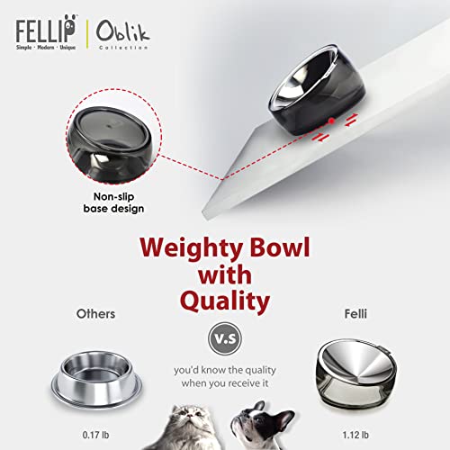 Image of Felli Pet Oblik Whisker Fatigue Friendly & Anti Vomit Elevated Cat Food Water Bowl Stainless Steel Tilted Shallow Dish, Slanted Angled Metal Plate Dry Wet Feeder, Raised Acrylic Base (0.5 Cups, Smoky)