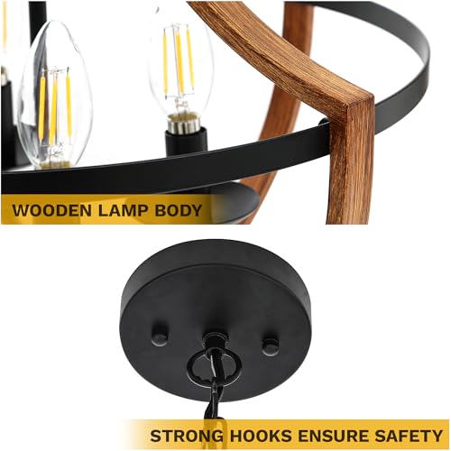 DWVO Black Wood Chandeliers for Dining Room, Adjustable Farmhouse Rustic Light Fixture, Industrial 4-Light Pendant Ceiling Lights for Island, Bedroom, Kitchen