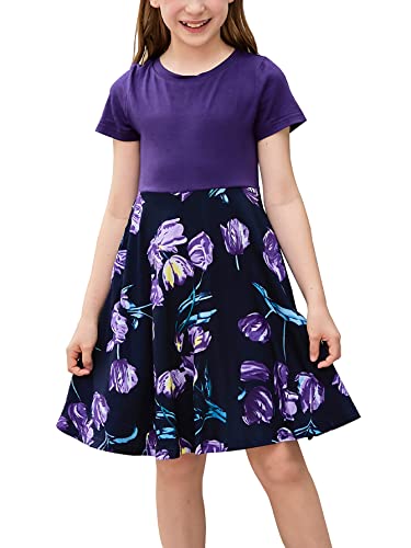 GORLYA Girls Short Sleeve Floral Print Casual Fit and Flare Party Dress with Pockets 4-12 Years