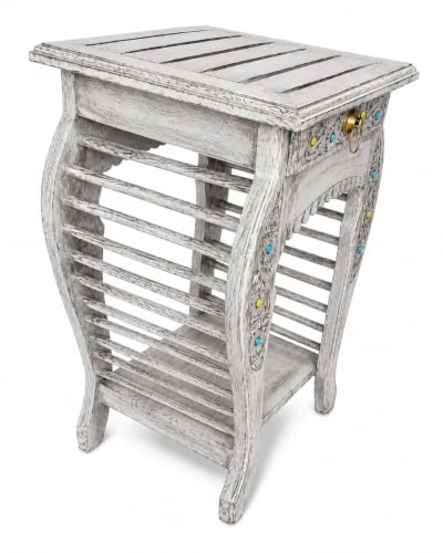 Image of Multipurpose Table Outdoor Indoor Stool Flower Vase Stool with One Drawer Material Mango Wood Size 30.5CM x 30.5CM x 53.3CM (Lite Grey Antique)