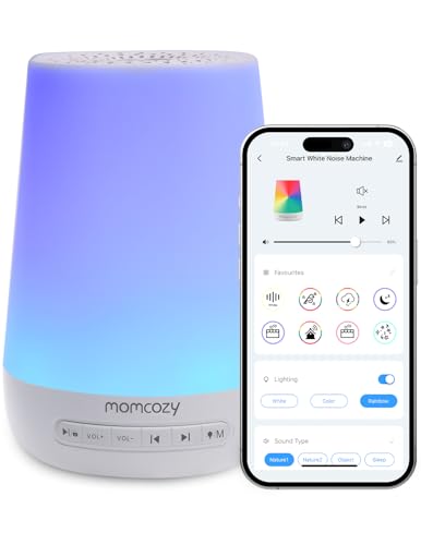 Momcozy Ruido Blanco para Bebés, Niños y Adultos con 34 Sonidos Relajantes, Maquina Ruido Blanco Luz Nocturna de 7 Colores, Entrenador de Sueño, Control de Aplicaciones, Temporizador