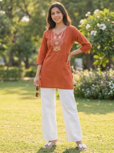 Image of Cotton Blend Embroidered Straight Kurta for Women | Cotton Blend | 3 /4 Sleeve | Round Neck V-Slit | Ethnic Wear Casual Wear