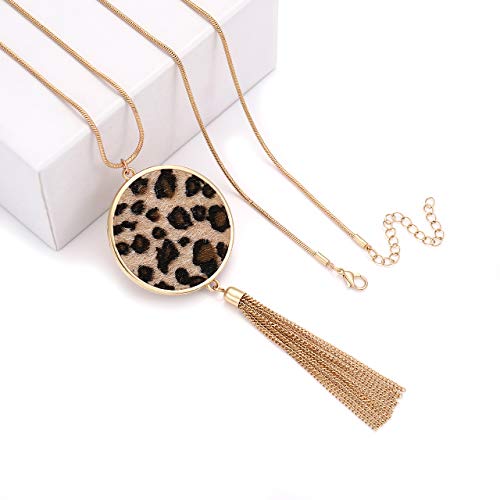 MOLOCH Long Necklaces For Woman Disk Circle Pendant Necklaces Tassel Fringe Y Necklace Set Statement Pendant (light leopard)