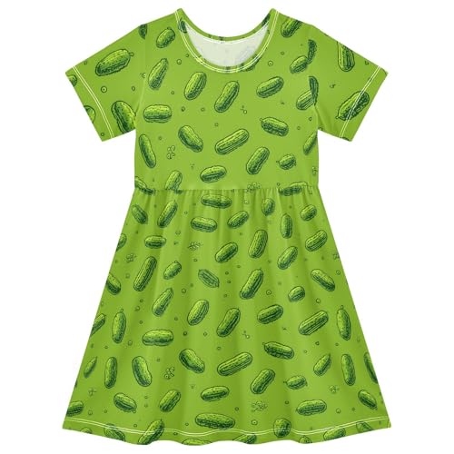 Girls Summer Dress Short Sleeve A Line Pickle Pattern on Green Background Casual Dresses for Kids 2-8 Years