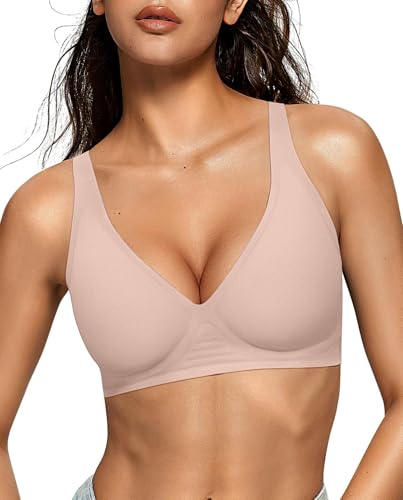 OEAK Womens Deep V Bras Wireless Comfortable Bra Supportive No Underwire Bras Tshirt Push Up Bralettes Plunge Seamless Bra Nude M
