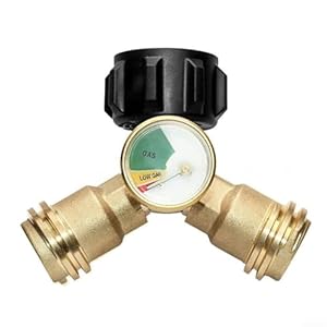 Répartiteur de propane en Y avec jauge et valve d'arrêt | Adaptateur de réservoir de gaz en laiton à 2 voies pour grils, chauffages, poêles | Connecte deux appareils à un propane de 2,3 à 9 kg
