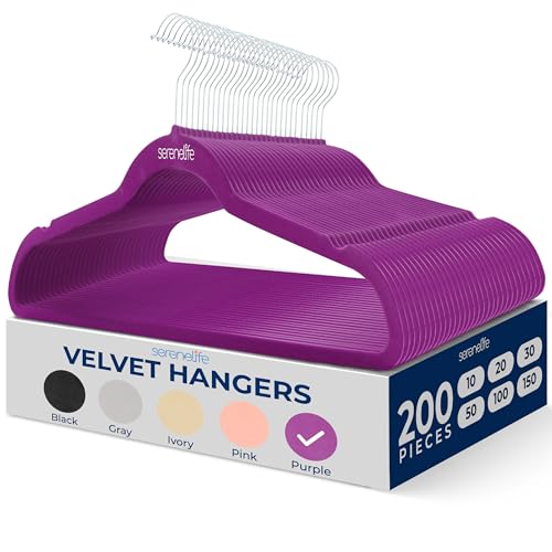 Image of SereneLife Velvet Hangers - 200 Pack, Slim & Space Saving for Closets
