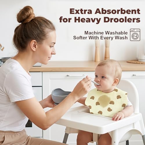 Image of SNOWIE SOFT 4Pcs Cotton Bibs for Baby 6 to 12 Months with Adjustable Snap Buttons, Soft Absorbent Feeding Cloth to Cover Baby Products Waterproof Bibs for Teething & Daily Use