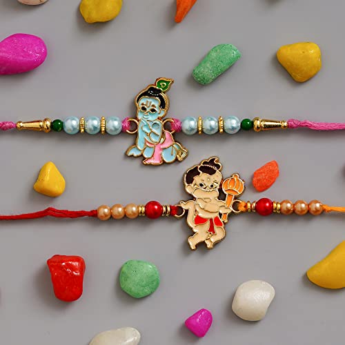 Image of eCraftIndia Set of 2 Multicolor Religious Lord Krishna & Lord Hanuman Designer Kids Rakhis, Best Bro Ever Fridge Magnet with Roli Chawal Pack - Rakhis for Brothers