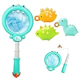 AUGESTE 2 in 1 Baby Bath Toy Set with Fishing Store Net Floating Squirts Toy in Bathtub Bathroom Pool Bath Time for Infant Toddlers Kids(2-in-1 Dinosaur Style)