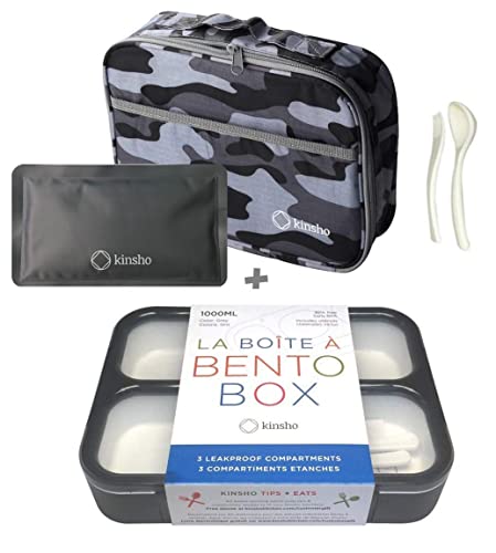 Camo Lunch Box For Boys | Bento Boxes With Bag, Ice Pack Set | Snack Containers For Kids Men Adults. 3 Leakproof Compartments, Container With Insulated Bags For School Lunches, Black Grey Camoflauge #TOP28