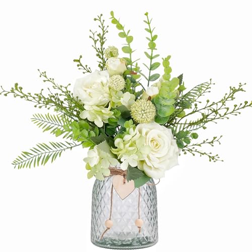 Artificial Flowers Plant with Vase, Faux Silk Roses Floral Hydrangea with Berry Fern Lveaves Decor in Vase, Table Centerpiece Decorations Wedding Bouquets for Party Office Farmhouse Kitchen Home Decor