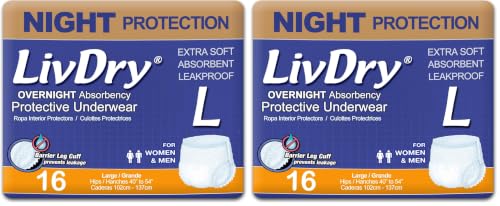 Image of LivDry Adult Diapers Large Incontinence Underwear, Overnight, Leak Protection, 32-Pack