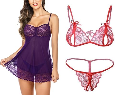 Image of SSoShHub Lace Babydoll Lingerie Sexy Mini Chemise Mesh Wedding Nightie Bridal Nightdress with Bikini