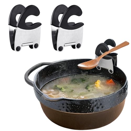 Pot Clip 2pcs Stainless Steel Pot Spoon Holders Anti-Scald Grip Pot Side Clip Spoon Rest Kitchen Accessories Tools, Black