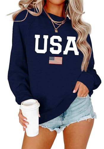 Lacozy Womens USA Sweatshirt American Flag Graph Top Casual Pullover Crewneck Long Sleeve Loose Patriotic Shirt Navy XL