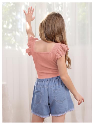 Image of OYOANGLE Girl's Casual Solid Ruffle Trim Cap Sleeve Square Neck Cute Crop Tank Tops T-Shirts