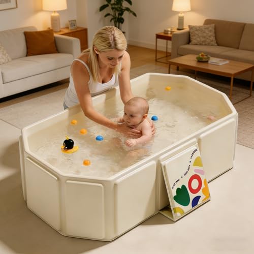Miniatura 3 de Goedch Bañera Plegable Para Niños De 75 X 45 X 25 Cm, Beige, Portátil, Plegable, Bañera Grande Para Niños Pequeños Con Válvula De Drenaje Para 0-8 Años, Bañera Integrada Para Niños