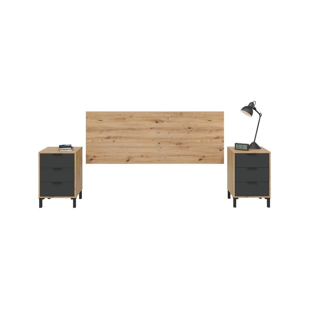 Mobelcenter, Conjunto Dormitorio Matrimonio Enzo, Color Roble Nodi y Gris Antracita, Cabezal para Camas de 135 y 150 cm, 2 Mesitas 3 cajones y Cómoda 4 cajones (1327, 1328)