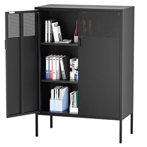 Black Metal Storage Cabinet, Metal Locker Storage Cabinet with Doors and Shelves, 3 Tier Steel Office Storage Cabinet, Metal Sideboard for Home, Office, Kitchen and Coffee Bar