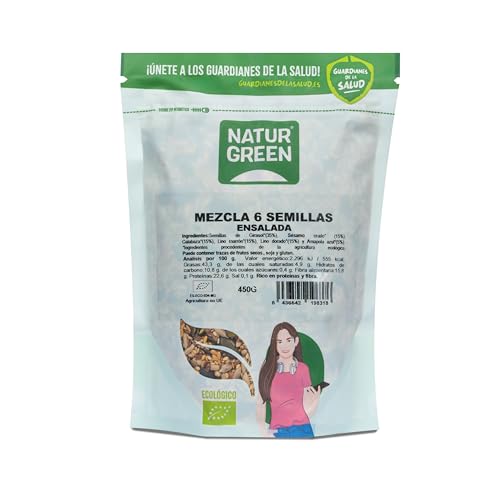 NaturGreen - Mezcla 6 Semillas para Ensalada Bio 450 g, Lino, Girasol, Calabaza, Cáñamo, Sésamo y Chía, Ricas en Omega 3, Fibra y Proteína, Sin Gluten, Vegano, Recetas Saludables