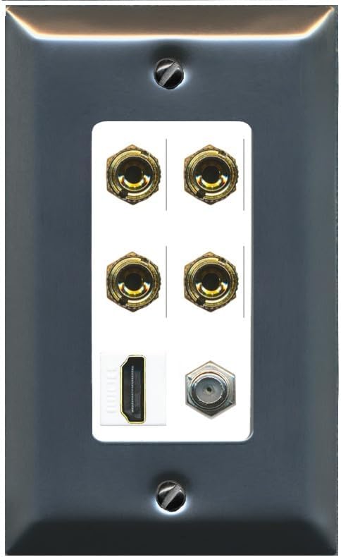 RiteAV 4 Port Banana 2 Speaker Binding Post HDMI Coax Wall Plate - 1 Gang Decorative [Stainless/White]