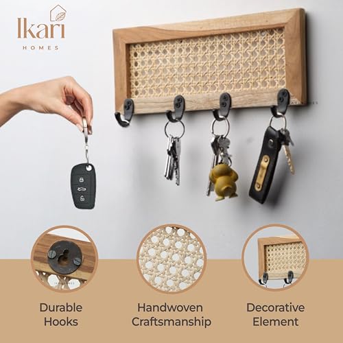Image of Ikari Homes Handmade Rattan Key Holder for Wall - Solid Wood & Cane Key Hanger Rack, Boho Wall Mounted Key Organizer for Entryway, Living Room, Bedroom & Home Decor