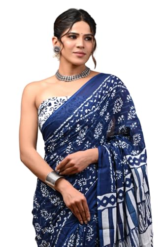 Crafts Moda Pure Cotton Navy Blue Saree Hand block Floral Print w...