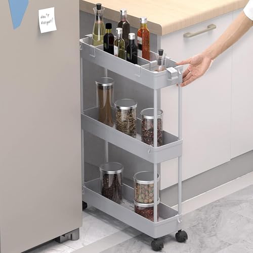 Image of SPACELEAD 2-piece Set Slim Storage Cart 3 Tier,Bathroom Organizer Rolling Utility,Mobile Shelving Unit Slide Out for Office, Kitchen, Laundry Room & Narrow Places