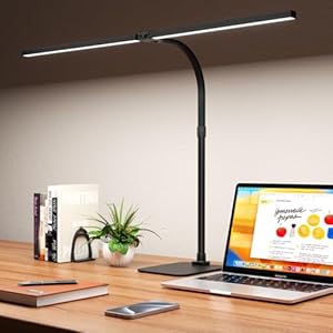 Kaulsoue Doppelkopf Schreibtischlampe LED dimmbar, Schreibtischlampen mit Fuß, 24W 80cm Tageslichtlampe, Augenpflege 5 Farbtemperaturen 5 Helligkeit, für Arbeit,Haus,Büro,Schlafsaal, Studie,Lesen