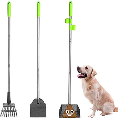SCENEREAL Pet Poop Tray, Rake & Spade Set - Dog Metal Pooper Scooper with Detachable Long Handle Stainless Steel for House Yard Cleaning¡­