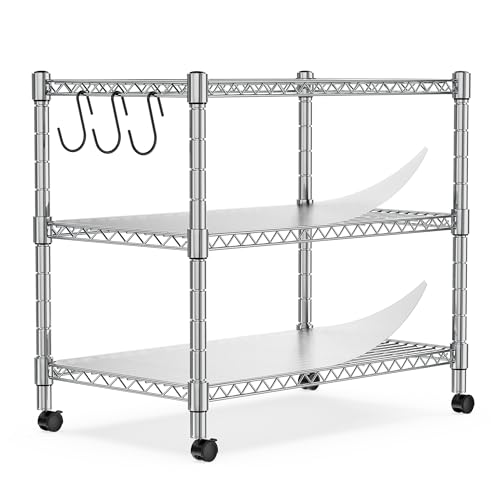 Image of Heavy Duty 3-Shelf Shelving Unit, 24.02 inch W x 13.78 inch D x 21.97 inch H Chrome Steel Storage Rack with Wheels, 2 PP Shelf Liners and Hooks, Adjustable Under Desk Organizer for Kitchen, Office, Garage