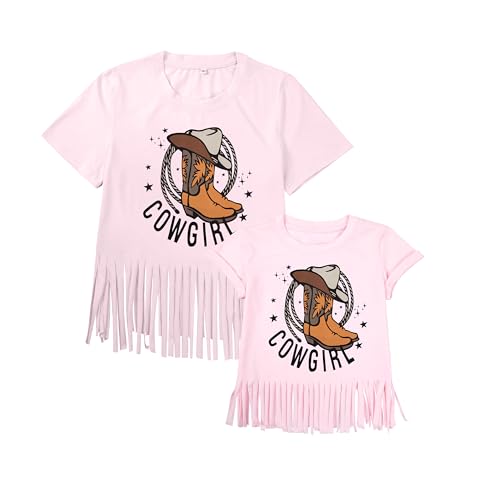 Western Shirts for Women Cowgirl Boots Hat Shirt Mom and Daughter Matching Outfits Vintage Cowgirl Fringe Tops Short Sleeve