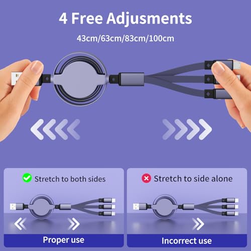 2-Pack 3.3' IDISON Retractable 3-in-1 USB Charging Cable w/ Lightning, USB-C & Micro USB (Purple) - image 3