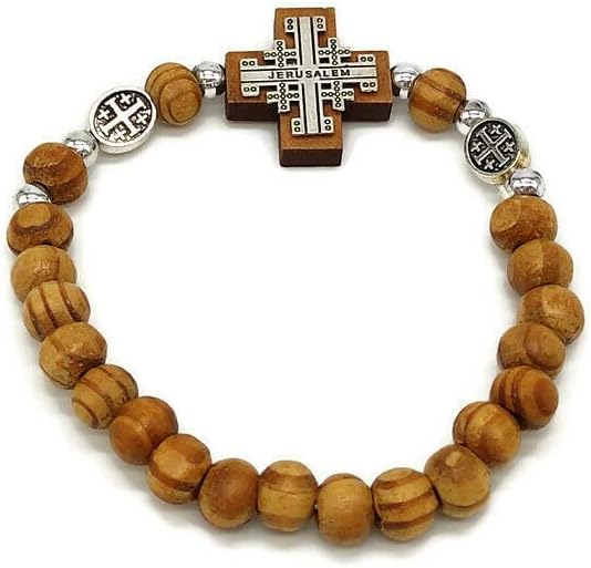 Olive Wood Bracelet Icon Jerusalem Cross Sliver Elastic Hand Made Holy land Gift, brown, 3 - 4 inch / 7 - 10 cm