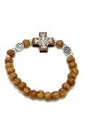 Olive Wood Bracelet Icon Jerusalem Cross Sliver Elastic Hand Made Holy land Gift, brown, 3 - 4 inch