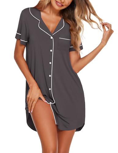 Image of Ekouaer Nightgowns for Women Button Down Sleepshirt Short Sleeve Nightshirt Boyfriend Pajamas V Neck Nightdress S-XXXL