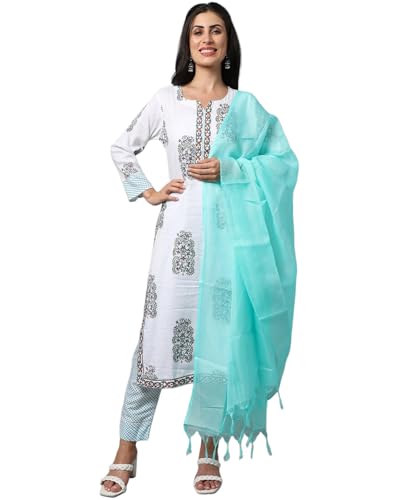 Image of Tee Projekt Women's Cotton Blend Sweetheart Neck Straight Kurta Pant with Dupatta Set